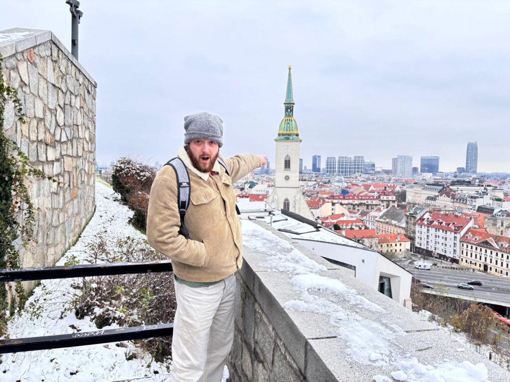 Dave pointing at something in Bratislava